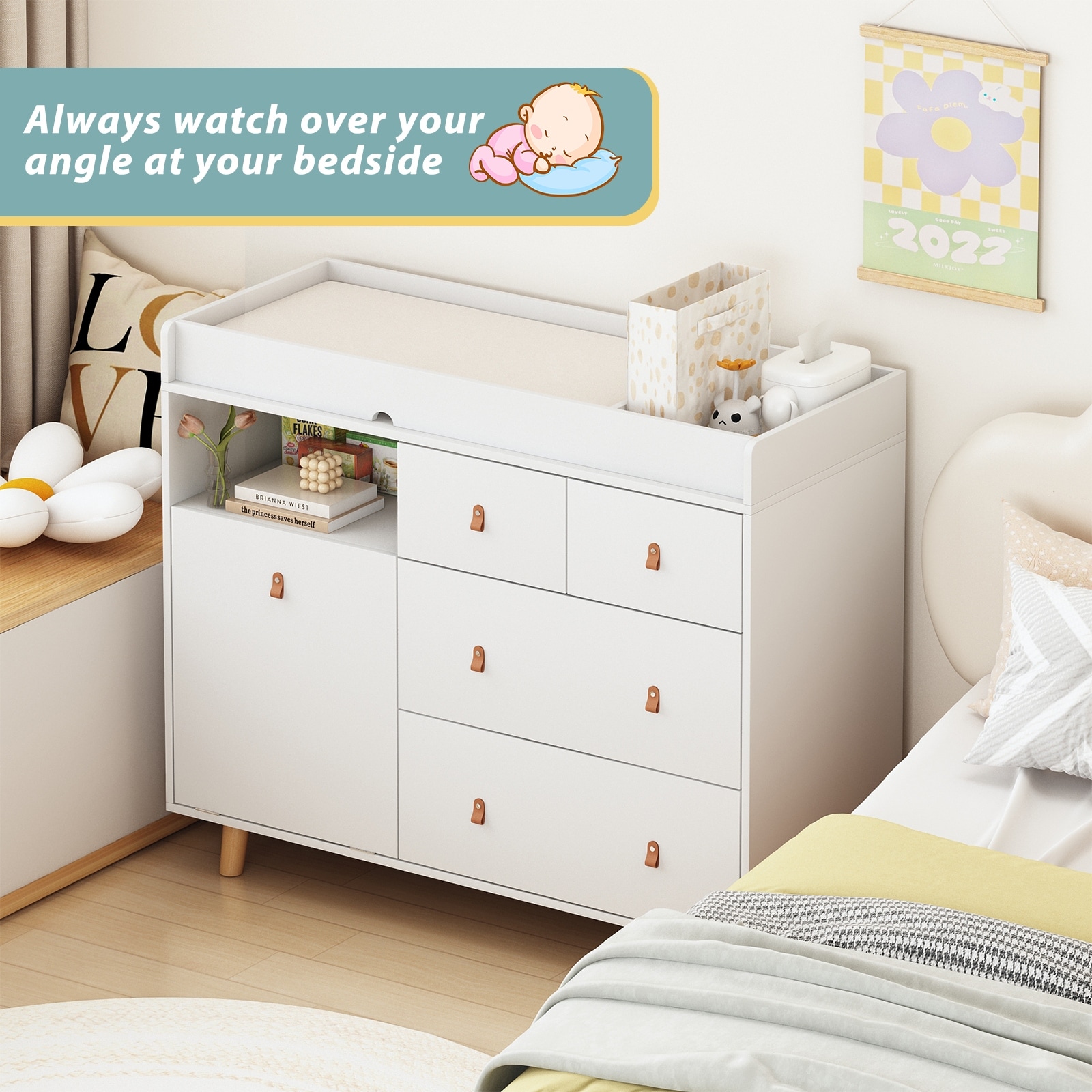 white changing table dresser PAKASEPT 3-Drawer Standard TTXLXX12120014 at Create a serene and organized nursery with our 47 QUNTTINA 45.3'' Modern Solid Wood