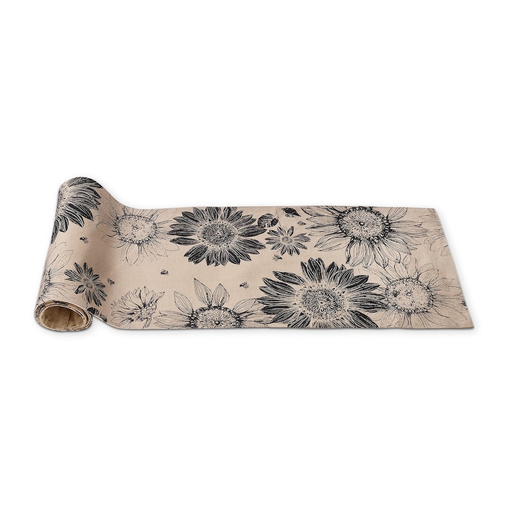 Let It Bee Black Sunflower Print on Beige Background Cotton Machine Washable Table Runner Décor Decoration, 72" x 14"-in.