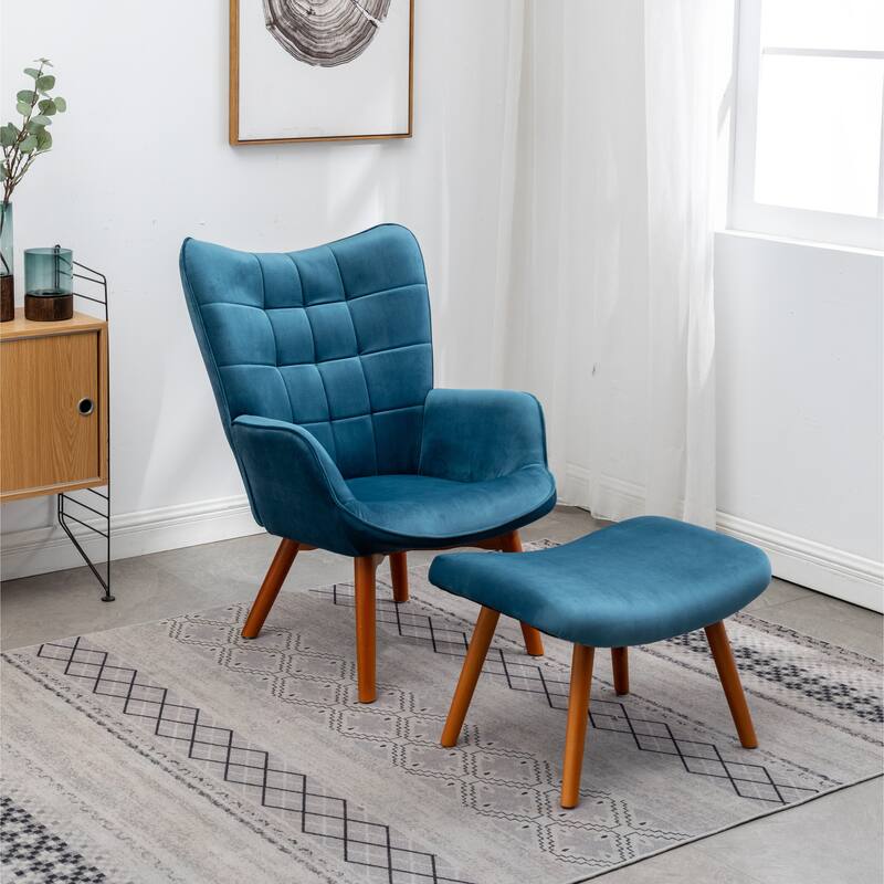 Contemporary Silky Velvet Tufted Accent Chair with Ottoman - Blue