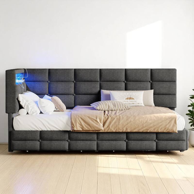 Modern Twin Daybed with Built-in Charging Station, LED Headboard Lights, and Storage Drawers - Grey - Twin