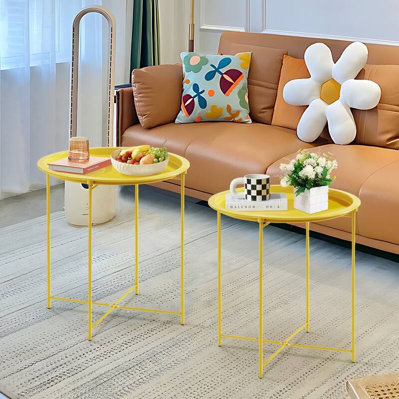 VECELO Side/End Table, Folding Round Metal Anti-Rust and Waterproof Outdoor for Living Room Bedroom,Nightstands