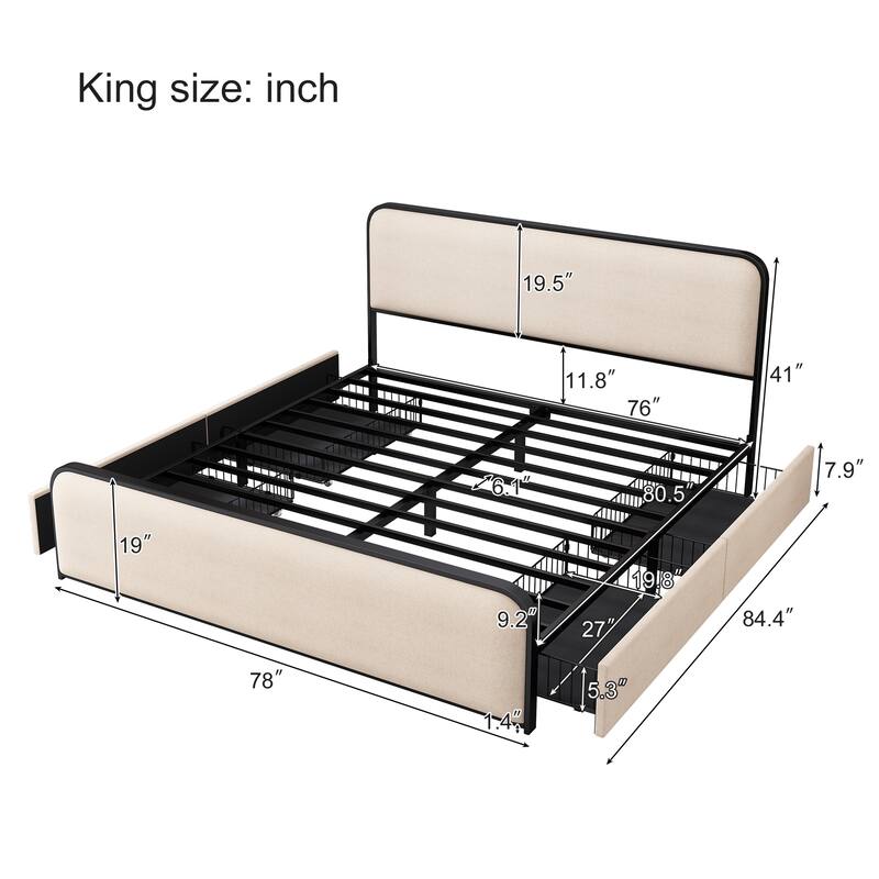 Modern Metal Platform Bed with Curved Upholstered Headboard, 4 Storage Drawers, Heavy Duty Slats, Queen and King Sizes