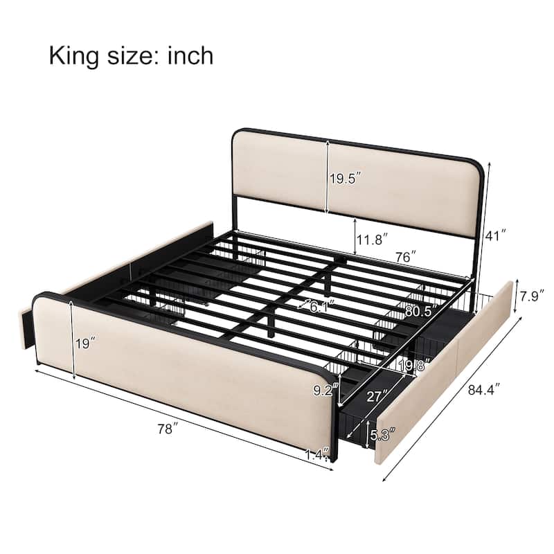 Modern Queen Size Metal Storage Bed Frame w/ Curved Upholstered Headboard and Footboard Bed & 4 Storage Drawers, Beige