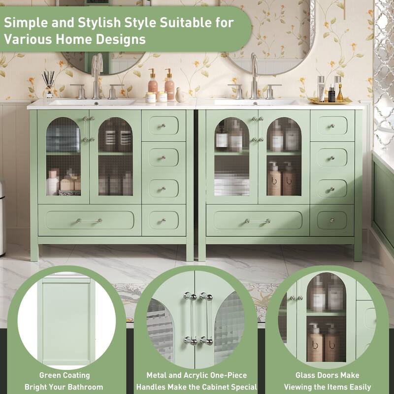 72" Bathroom Cabinet with Waffle Texture Doors,Bathroom Vanity with Eight Drawers,Four Soft-Closing Doors and Double Sink Top