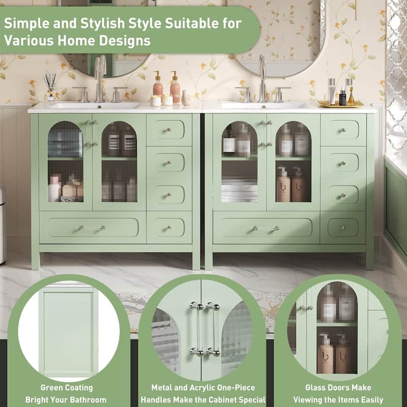 72" Double Sink Bathroom Vanity - Waffle Texture Doors, 8 Drawers & 4 Soft-Close Cabinets, Large Storage with Glass Accents
