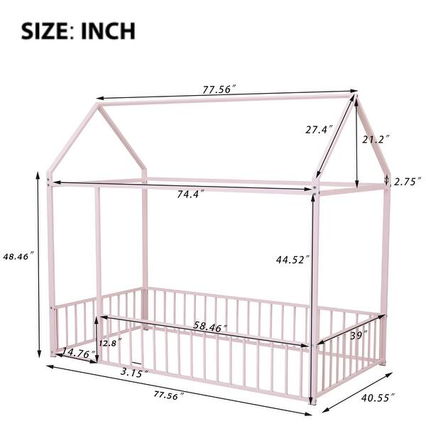 dimension image slide 0 of 6, Metal House Bed Frame with Fence and Roof for Kids, Teens, Girls, Boys