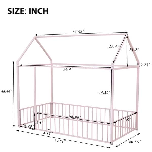 Pink Twin Size Metal House Bed Frame with Fence and Roof for Kids, Teens, Girls, Boys