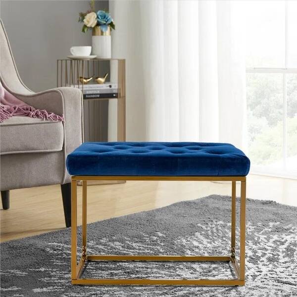 slide 2 of 76, Upholstered Tufted Velvet Ottoman, Modern End of Bed Bench with Golden Metal Frame, Entryway Footrest Stool Blue