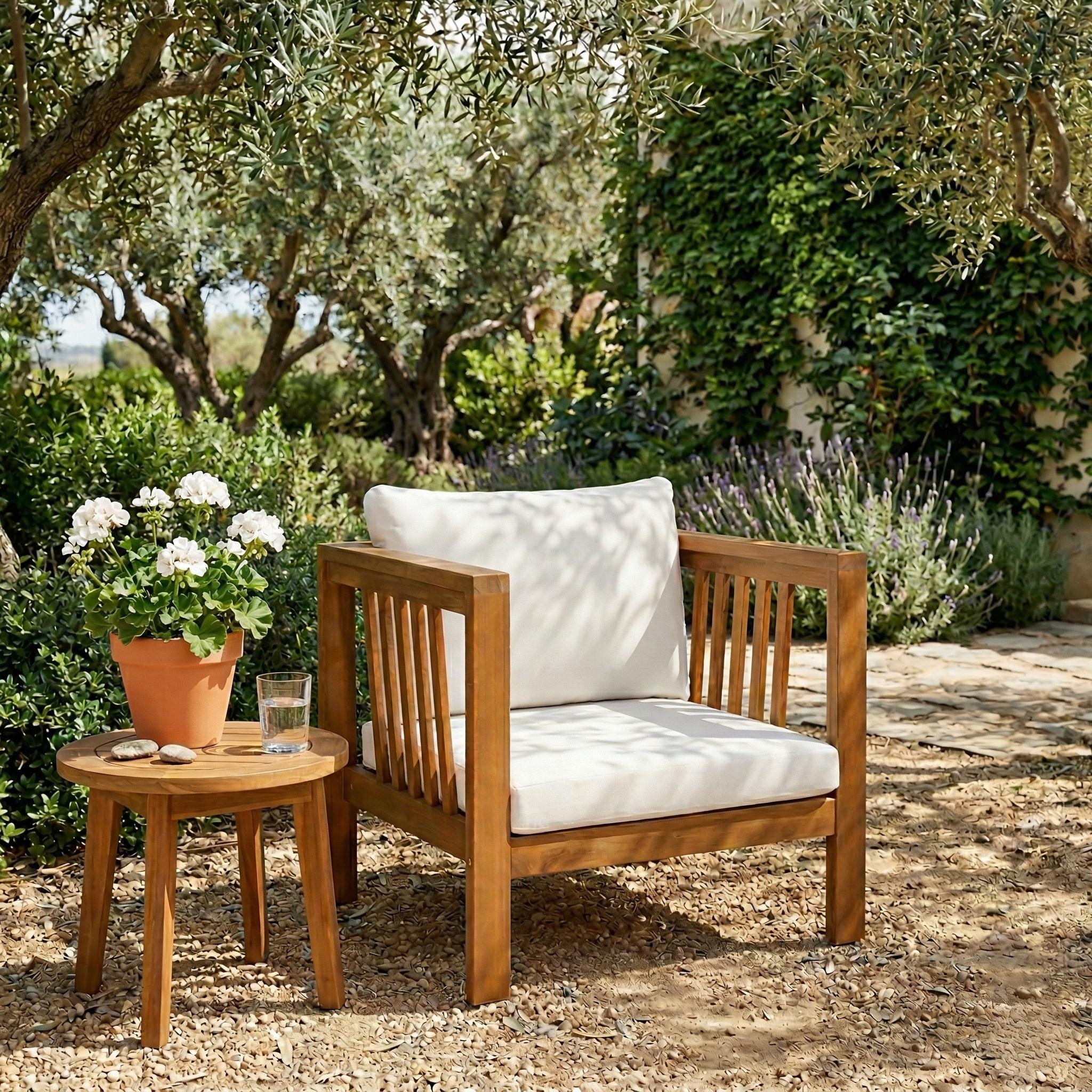 Outdoor Wood Club Chair Accent Chair with Square Armrests, Beige Side Chair Reception Chair Coffee Chair