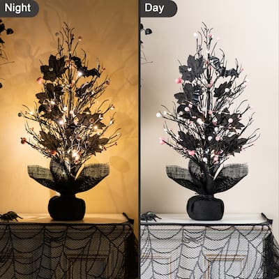 Glitzhome 20"H Pre-lit Halloween Trees with Pink and White Berries for Table Decor