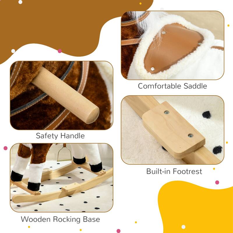 Kids Plush Rocking Horse with Authentic Neigh Sounds, Saddle, and Stirrup for 3-8 Years Old - Comfortable Velvet Fabric