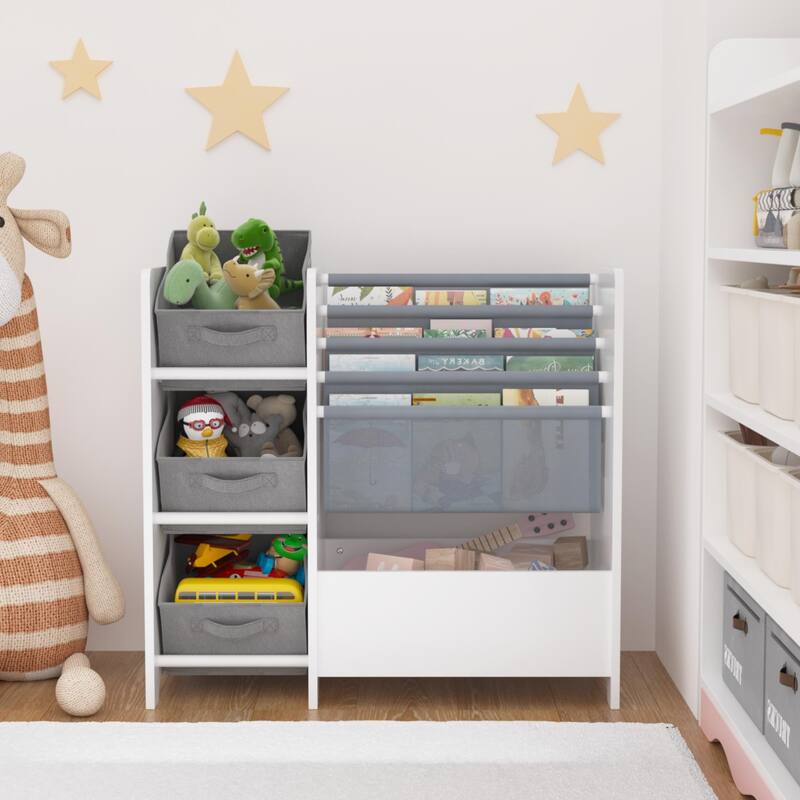 Kids Bookshelf Toy Storage Organizer 4 Tier with 3 Collapsible Fabric Drawers Book Display for Playroom Nursery Kids