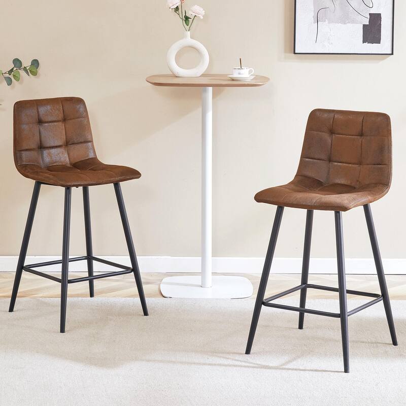 Modern PU Bar Chair 2 Pieces with Metal Legs, Checkered Design, Waterproof and Stain Resistant Suitable for Bars, Living Rooms - Brown+Black