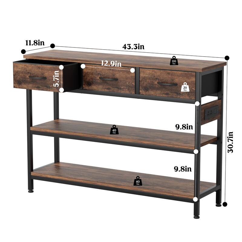 43.3" Console Table with 3 Fabric Drawers, Power Outlets & USB Ports