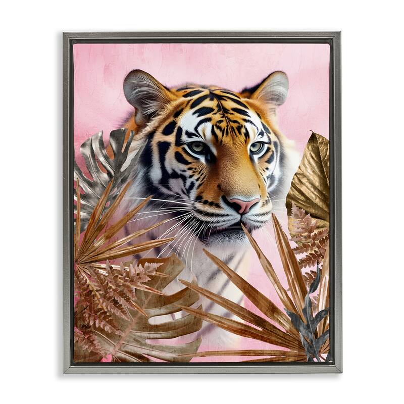 Stupell Exotic Tiger with Gold Leaves Framed Floater Canvas Wall Art Design By Kim Allen - 25 x 31 - Grey