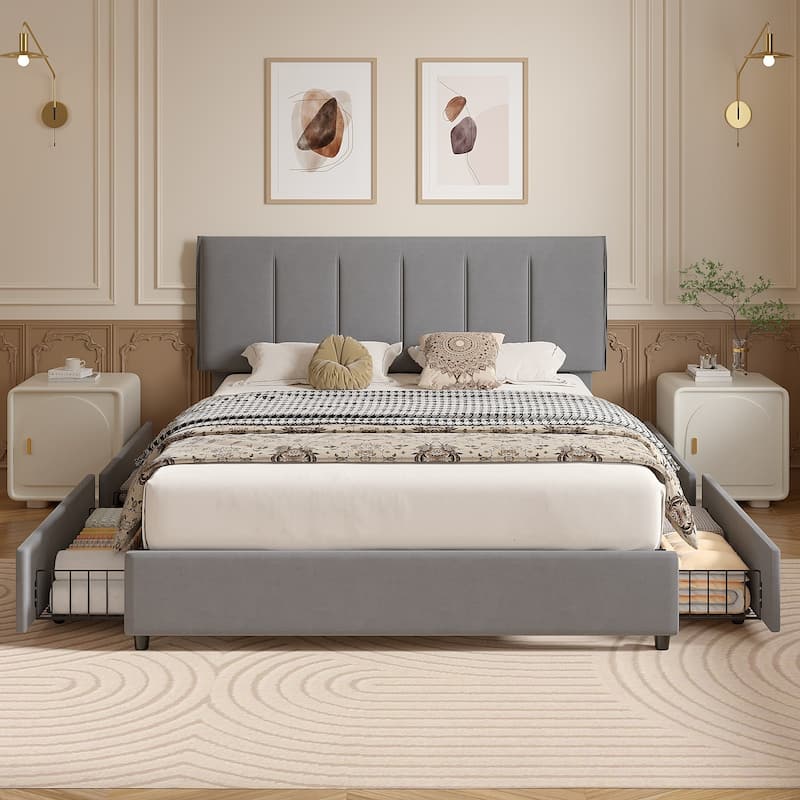 VECELO Bed Frame with 4 Storage Drawers, Upholstered Platform Bed Frame with Adjustable Headboard