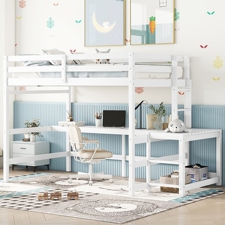 Full Size Pine Wood Loft Bed Frame with Built-in Desk, Ladders, Guardrails for Kids Girls Boys, No Need Spring Box