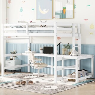 Full Size Wood High Loft Bed with Built-in Desk