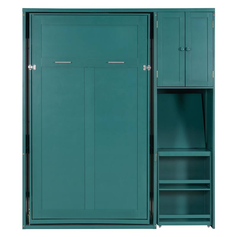 Twin Size Rotating Murphy Wall Bed with Bookshelf, Top Cabinet, Modern Foldable Cabinet Bed with Extendable Desk, Side Storage