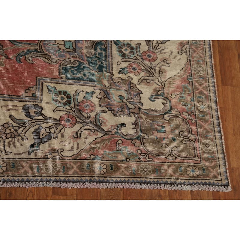 Pink Tabriz Persian Vintage Rug Hand-Knotted Wool Carpet - 7'8" x 10'8"