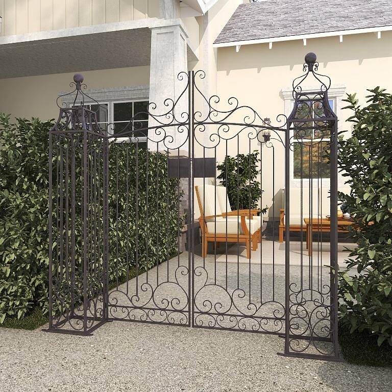 Dark Brown Metal Indoor Outdoor Scrollwork Arched Gate Garden Arbor with Pillars and Latch Lock Closure