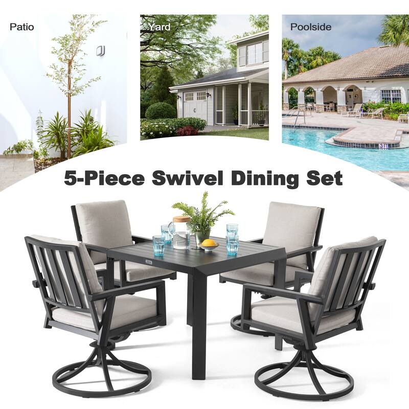 Outdoor 5-Piece Swivel Dining Set with Gray Soft Cushions