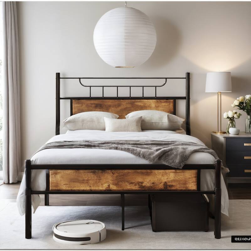 Industrial Wood Bed Frame with Headboard