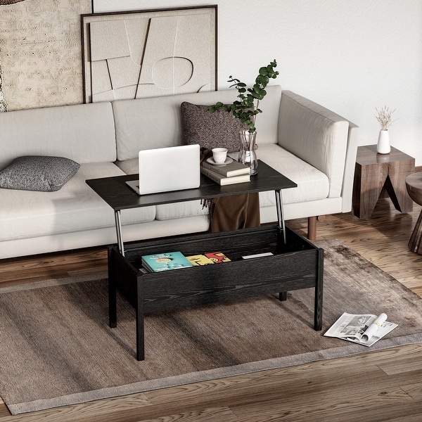 HOMCOM 39" Modern Lift Top Coffee Table Desk With Hidden Storage Compartment for Living Room, Black Woodgrain