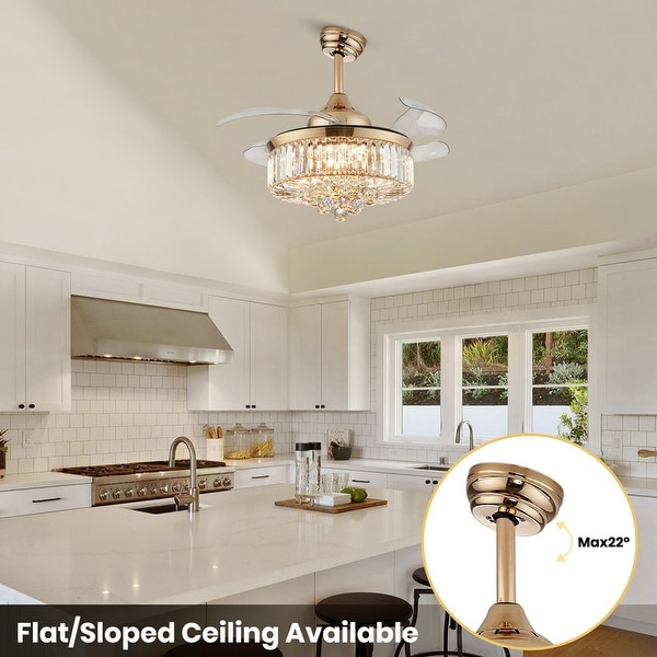 48 in. Indoor Modern Ceiling Fan with Light Gold Retractable Crystal Chandelier Fan with Remote for Kitchen Living Room On Sale Bed Bath Beyond 36012529