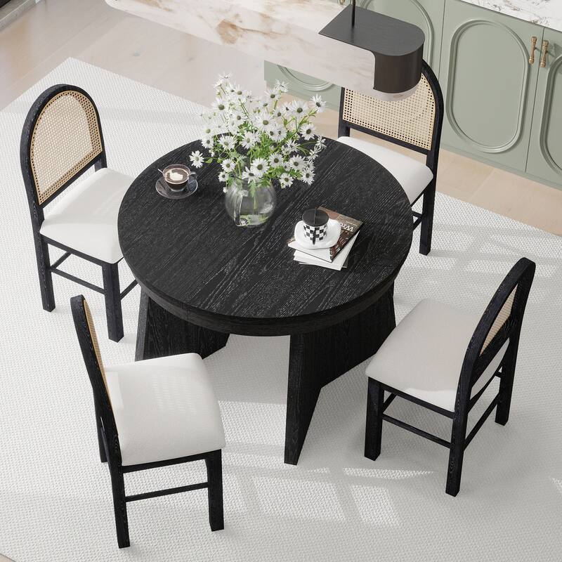 5 Piece Round Extendable Dining Table Set with 4 Upholstered Chairs