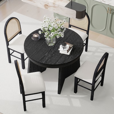 5 Piece Round Extendable Dining Table Set with 4 Upholstered Chairs