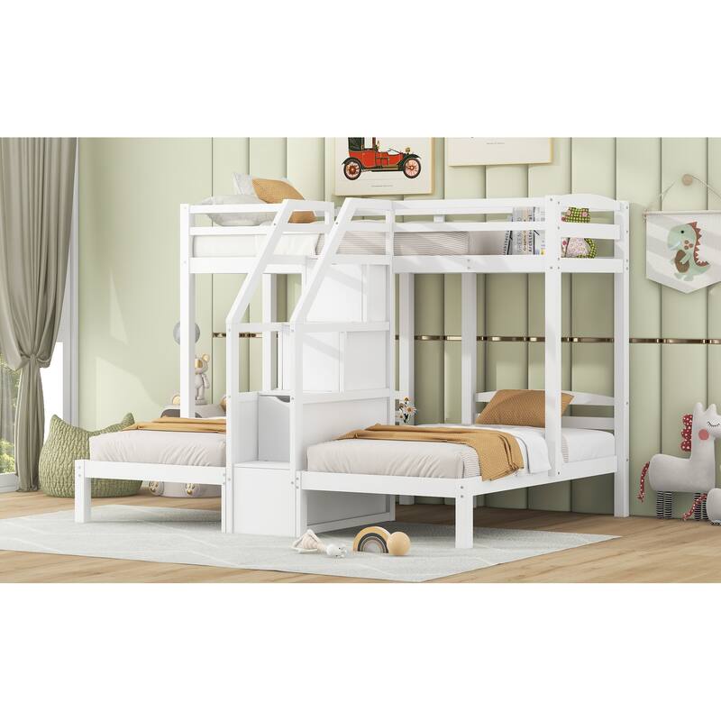 Twin over Twin & Twin Bunk Bed with Built-in Staircase and Storage Drawer