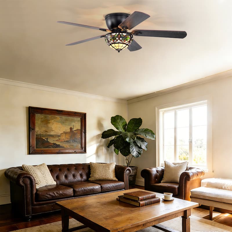 Peacoo 52-Inch Flushmount Lighted Ceiling Fan Ivory Leaf Berry Tiffany Glass Lamp Black Finish