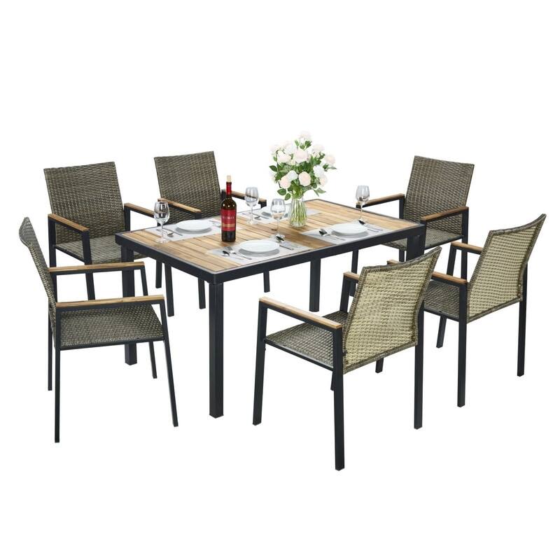 All Weather 7-Piece Patio Dining Table Sets, Patio Conversation Set Acacia Wood Table Top with Umbrella Hole