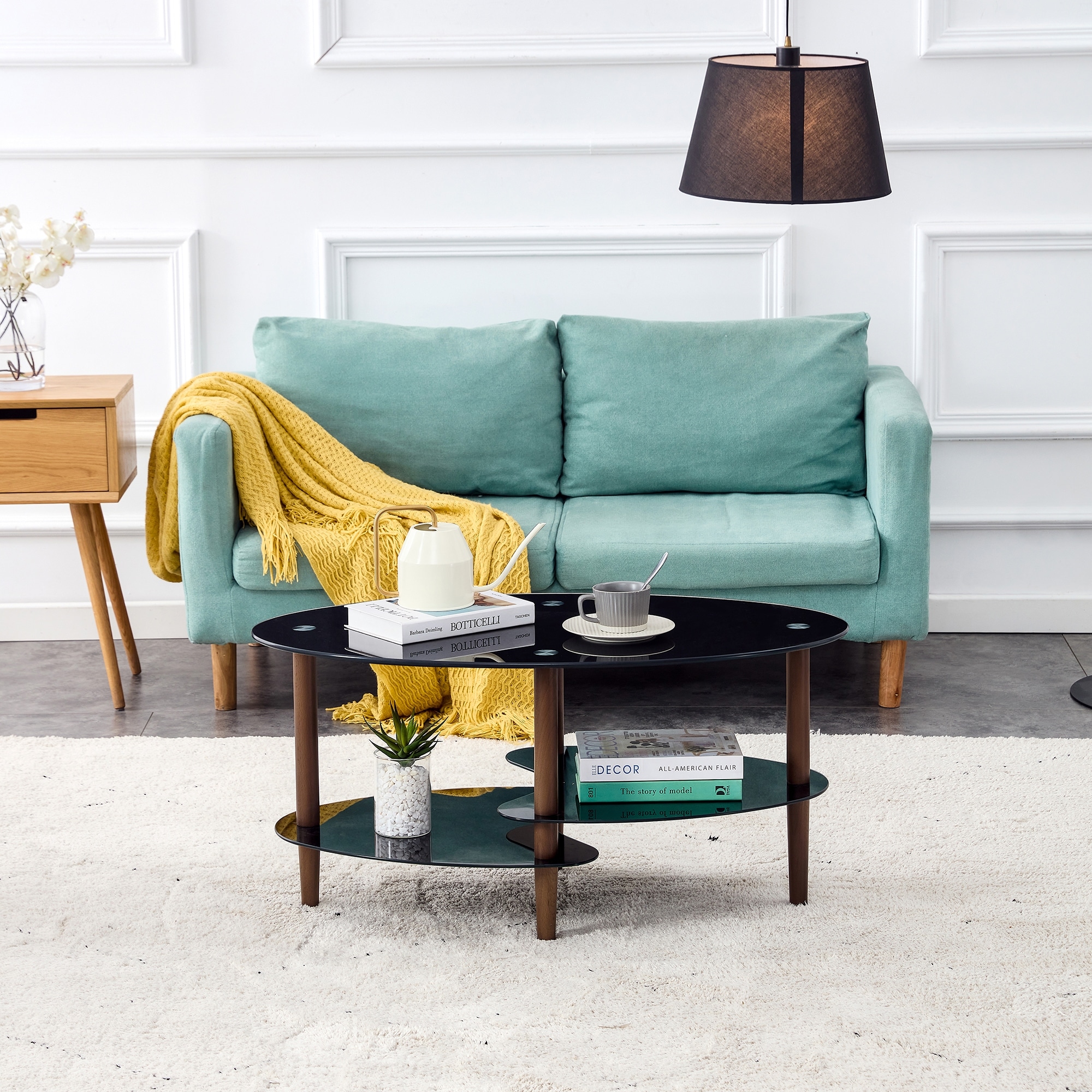 Glass coffee table discount with oak legs