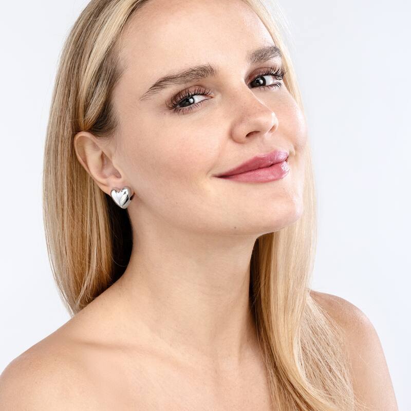 Curata 925 Sterling Silver 15mm Heart Puff Huggies Hinged Hoop Earrings