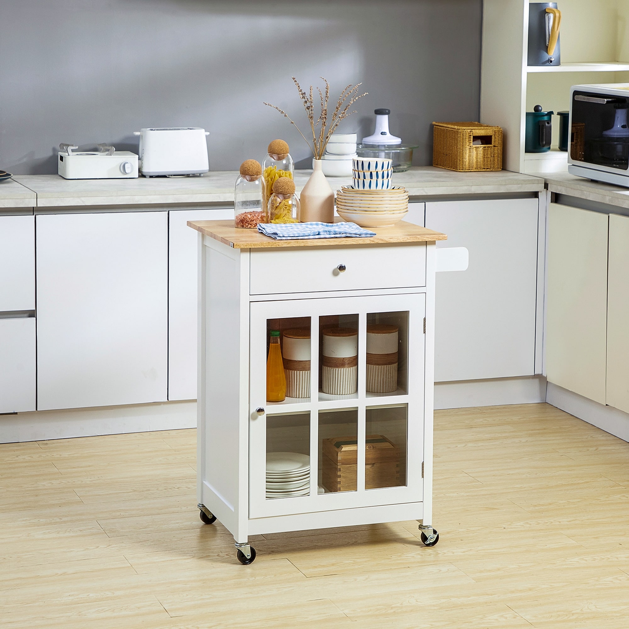 HOMCOM 27" Rolling Kitchen Island Cart with Drawer and Glass Door Cabinet, Kitchen Trolley with Adjustable Shelf and Towel Rack