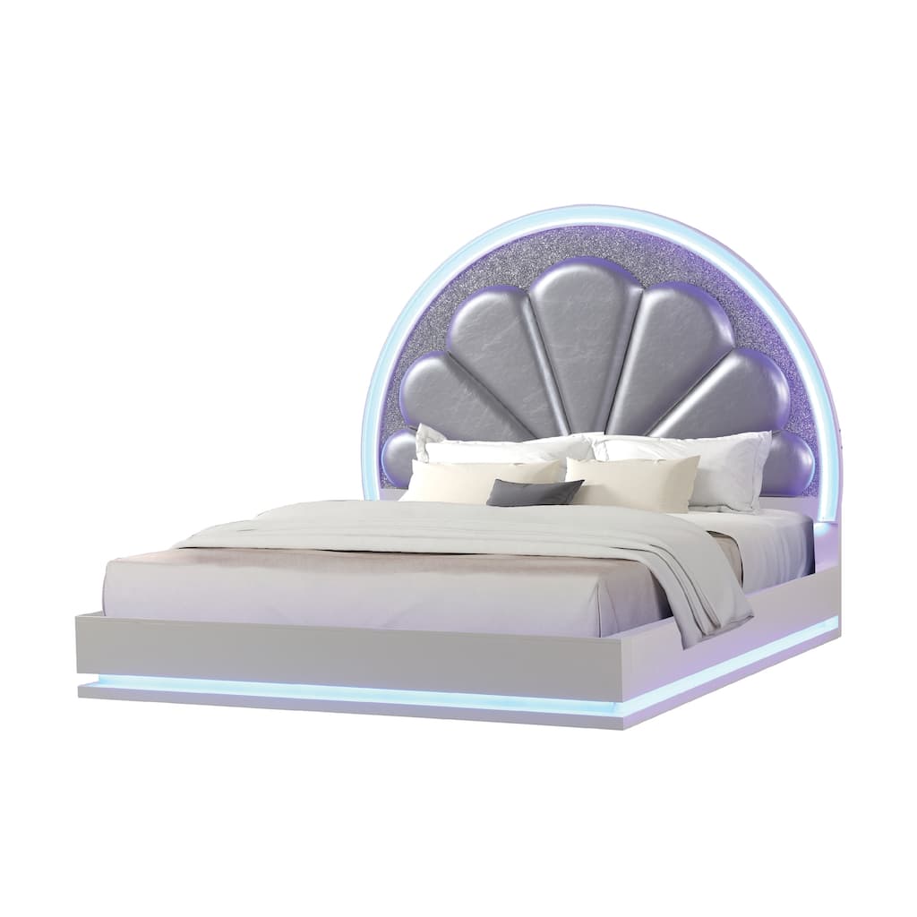 Queen Size LED Bed Made with Wood in Milky White