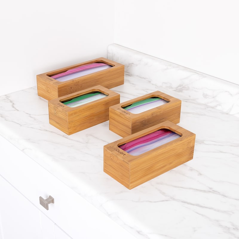 Seville Classics Bamboo Food Storage Bag Holder (Set of 4)