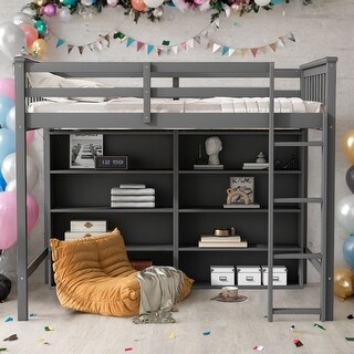 Twin Size Loft Bed with 8 Open Storage Shelves and Built-in Ladder