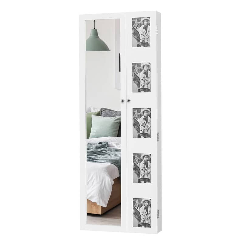 Wooden Wall Mounted Jewelry Armoire Cabinet with Photo Frame White - N/A