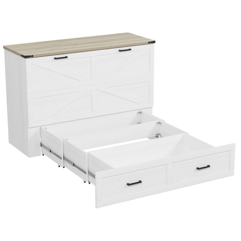 Wooden Foldable Murphy Cabinet Bed Platform Bed Bottom Large Storage Drawer Side with Outlets and USB Ports