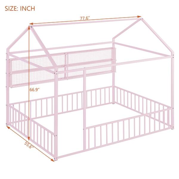 dimension image slide 3 of 4, Metal Floor Bed House Bed Frame with Fence and Storage Shelves