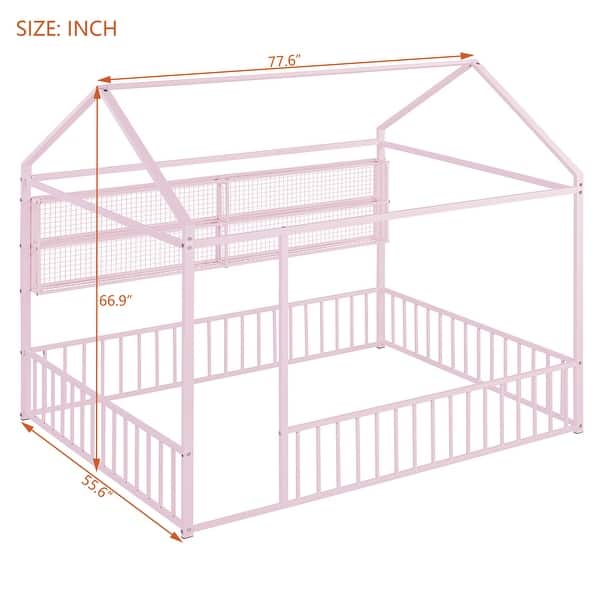 dimension image slide 3 of 4, Metal Floor House Bed Frame with Fence and Shelves
