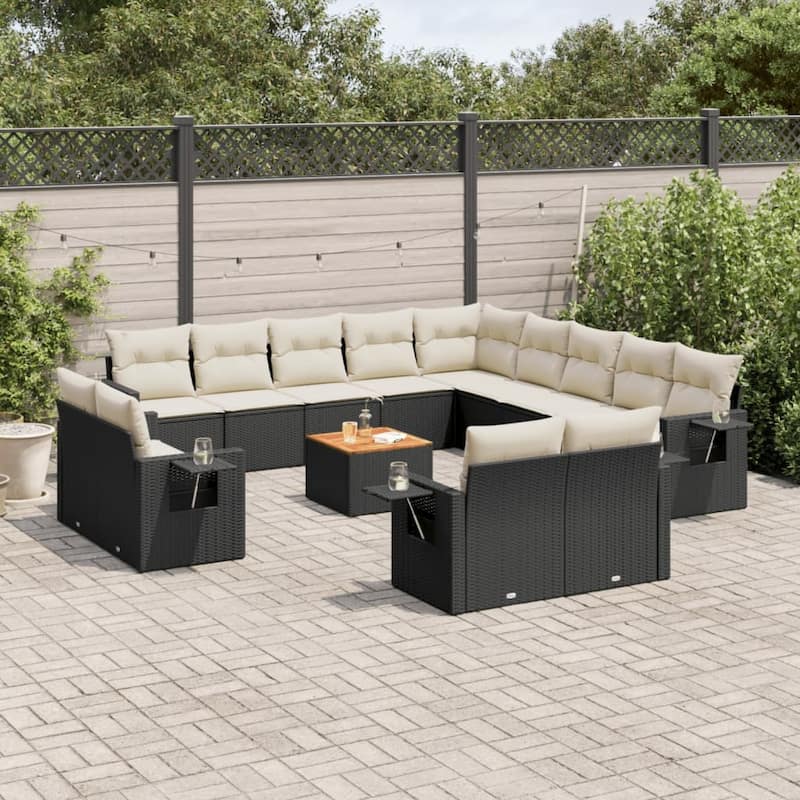vidaXL Garden Sofa Set 14 Piece with Cushions Outdoor Sofa Set Poly Rattan - Black and Cream - 24.4 x 24.4 x 27.2 in (W x L x H)