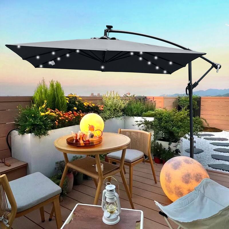 Square 2.5X2.5M Patio Umbrella Solar Powered LED Lighted Sun Shade Market Waterproof 8 Ribs Umbrella with Crank and Cross Base