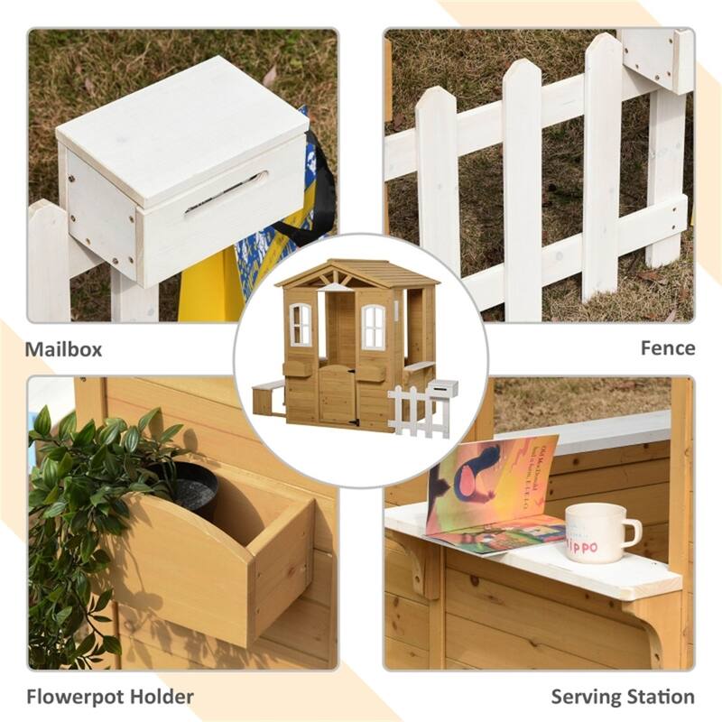 Natural and White Wooden Kids Outdoor Playhouse with Fence Mailbox Flowerpot Holders and Bench for Ages 3 to 8
