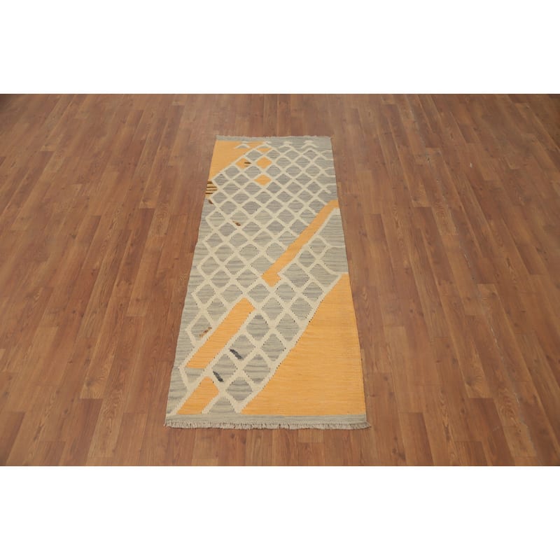 Hand Woven Oriental 100% Wool Carpet Southwestern Tribal Greys & Charcoal Kilim Runner Rug - 5' 7'' X 2' 2''