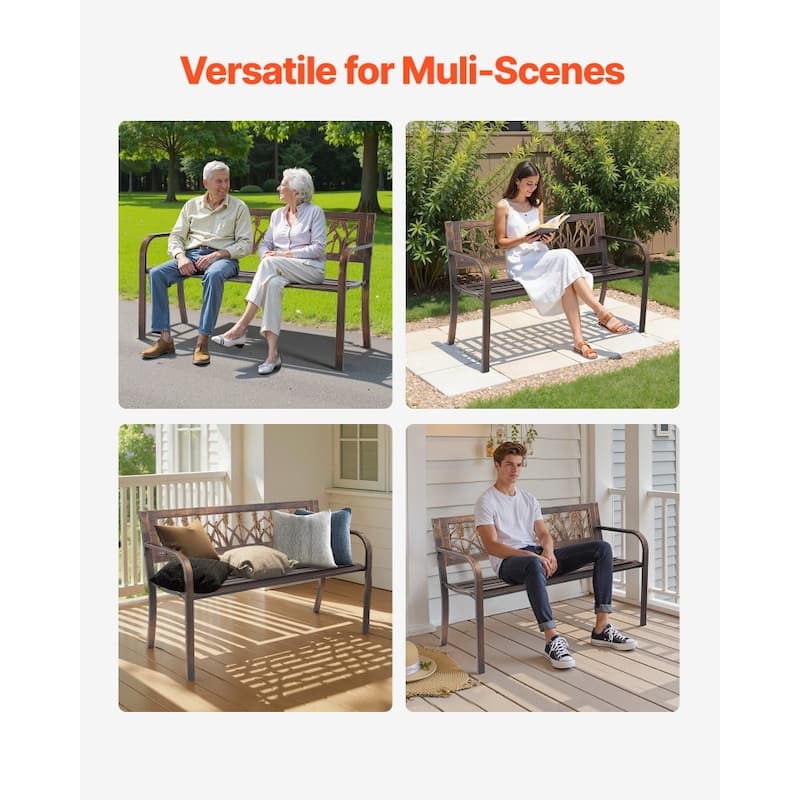 50 Inch Antique Bronze Outdoor Patio Bench with Steel Frame and Floral PVC Backrest for 2-3 People - 50” x 20.5” x 30.3”