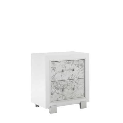 White MDF 2-Drawer Rectangular Nightstand with Metal Legs for Bedroom